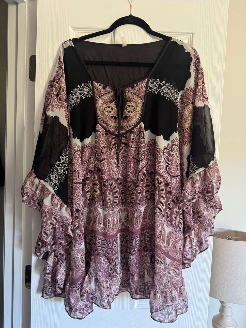 Free People Mauve and Black Paisley Tie-Front Boho Tunic